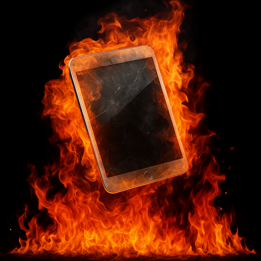 Overheated tablet device surrounded by flames indicating thermal failure and performance throttling

