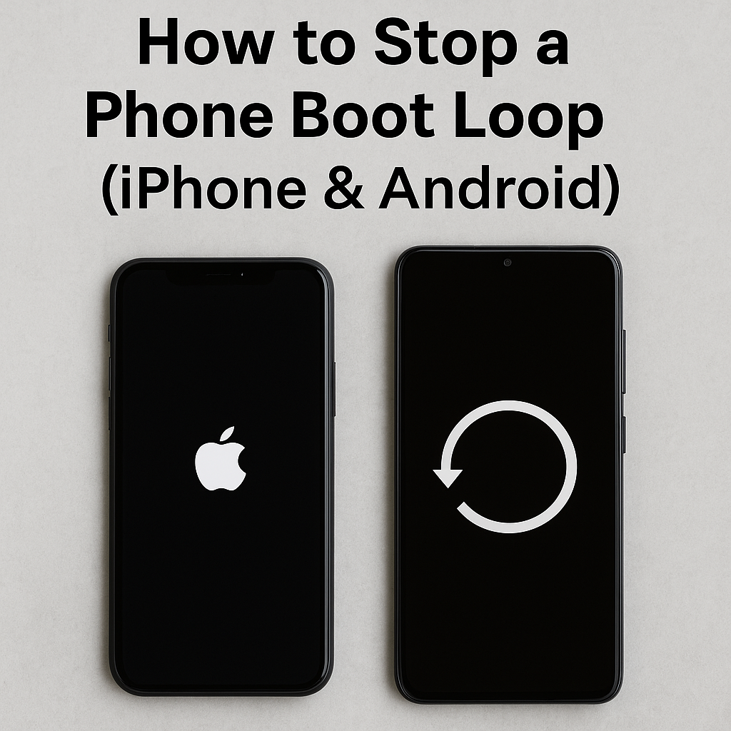 Two smartphones side by side showing boot loop issues; the iPhone on the left displays the Apple logo, and the Android on the right shows a circular restart icon, illustrating phone boot loop problems.