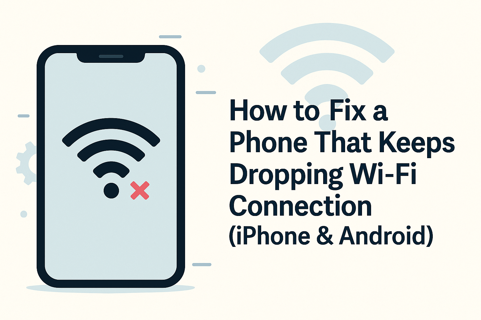 Digital illustration of a smartphone showing a Wi-Fi icon with a red X, symbolizing dropped connection, alongside the text "How to Fix a Phone That Keeps Dropping Wi-Fi Connection (iPhone & Android)."