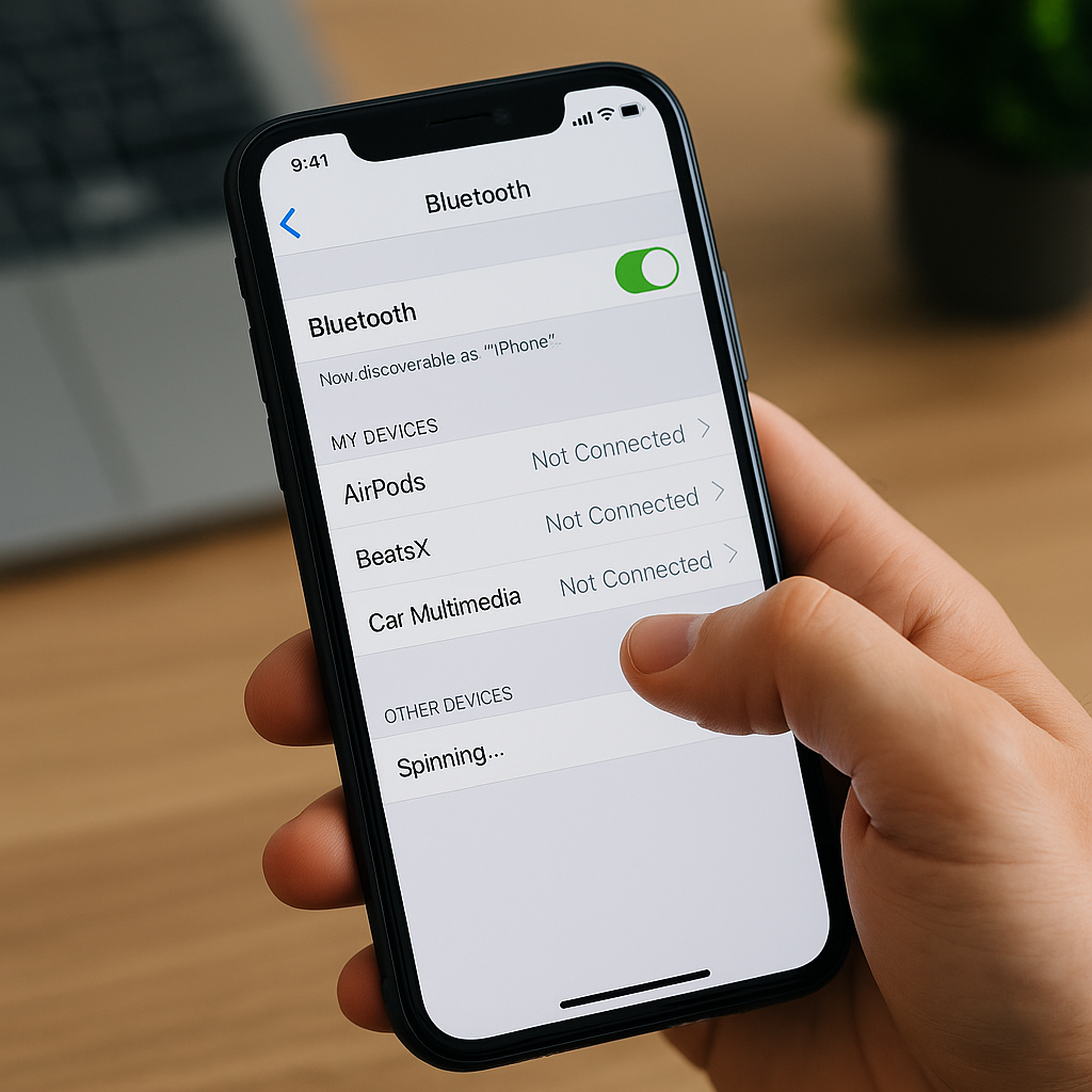 A person holding a smartphone showing Bluetooth settings with nearby devices like AirPods and car multimedia not connected, symbolizing troubleshooting Bluetooth issues.