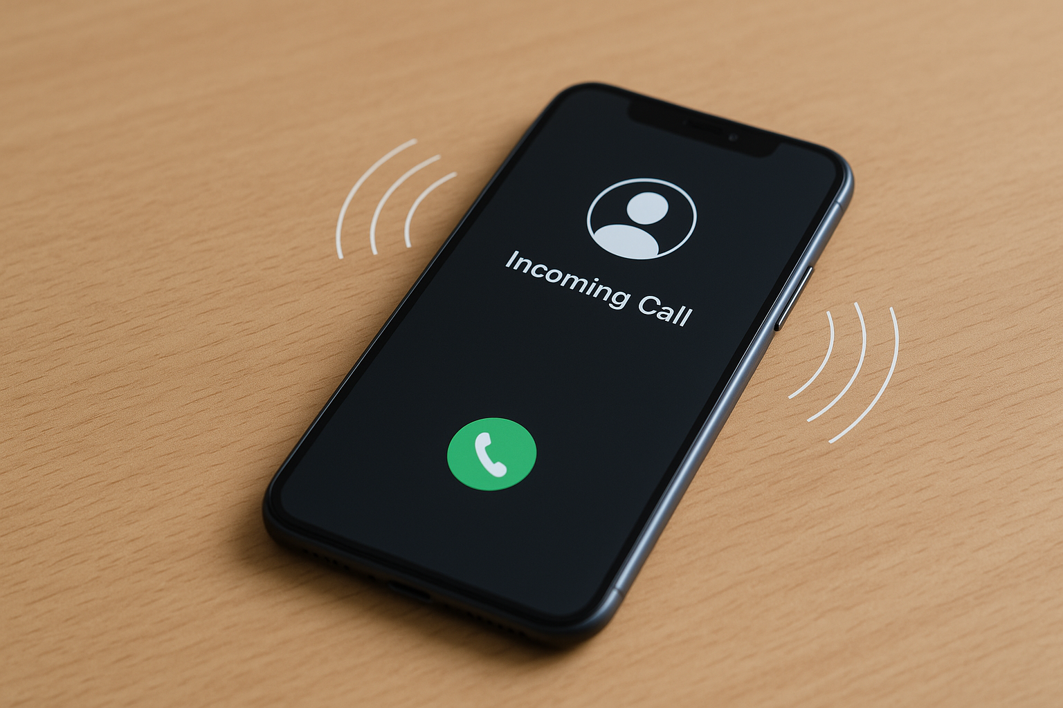 A smartphone vibrating on a wooden desk with an incoming call notification displayed, representing a phone that vibrates but doesn’t ring.