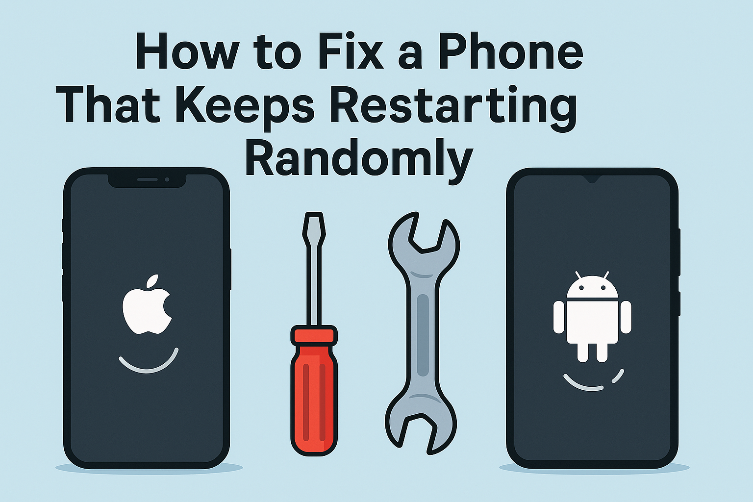 Illustration showing an iPhone and Android phone side by side with repair tools, representing troubleshooting for devices that keep restarting randomly.