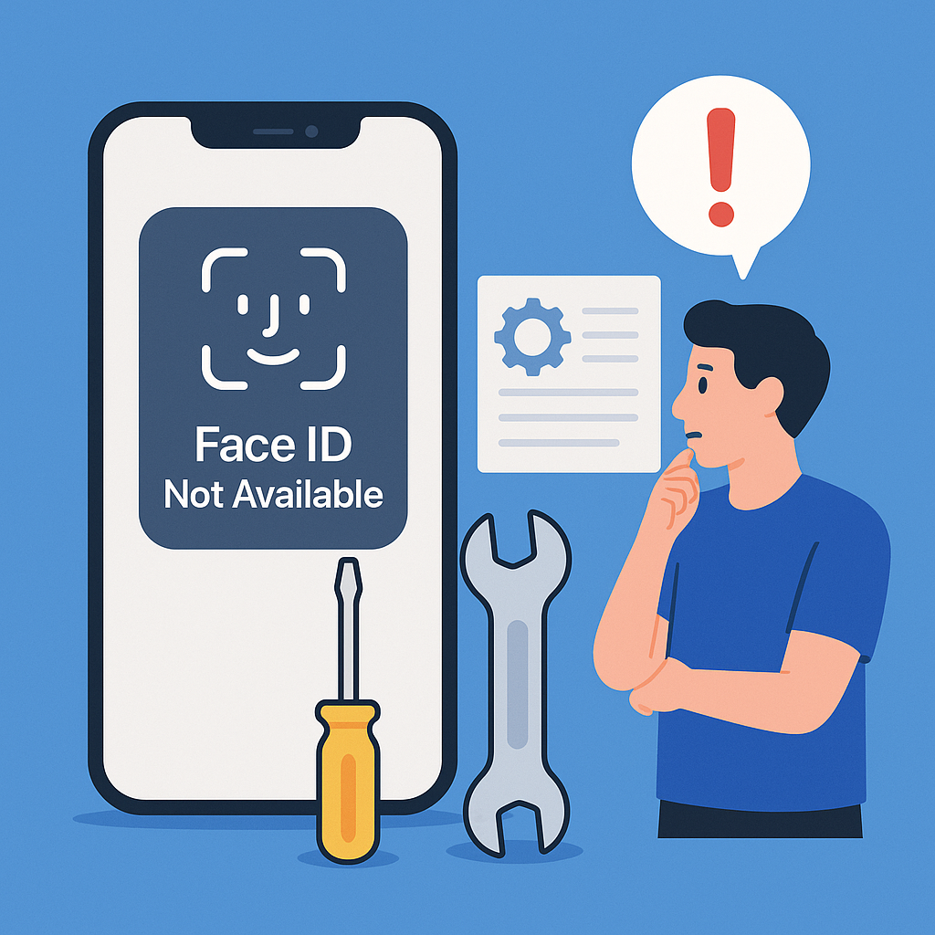 Illustration showing an iPhone displaying a “Face ID Not Available” alert, with repair tools and a technician thinking beside it, representing troubleshooting Face ID issues.