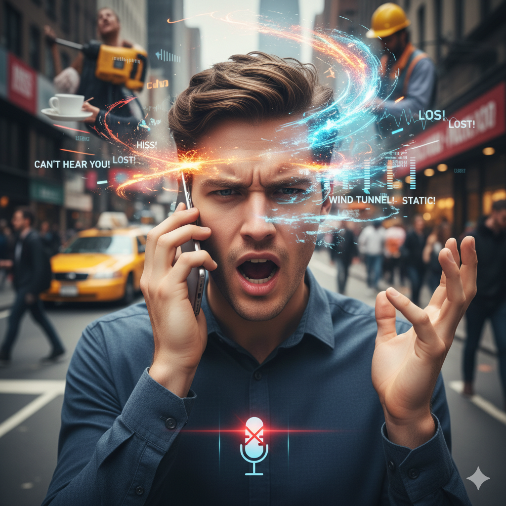 A frustrated man shouts into his smartphone on a busy city street, surrounded by visual representations of background noise like "STATIC" and "WIND TUNNEL," illustrating a bad phone call.