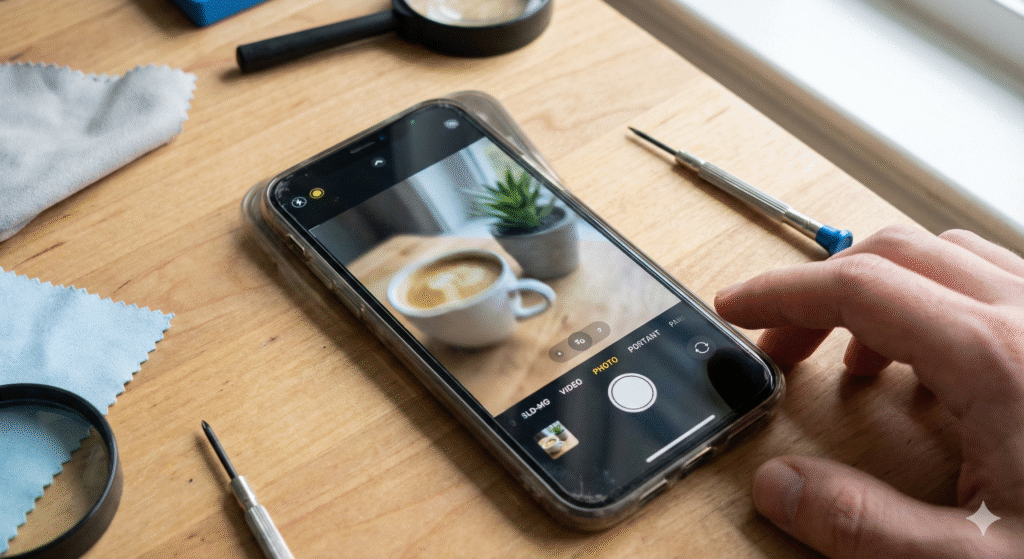 Smartphone lying on a wooden repair desk displaying a blurry camera viewfinder app, surrounded by precision screwdrivers and a microfiber cleaning cloth.