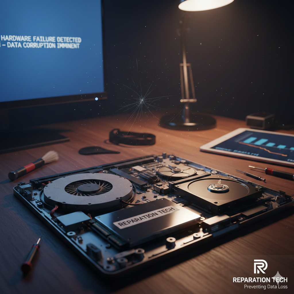 Professional hardware diagnostic of a failing laptop at Reparation Tech showing internal components like the hard drive, cooling fan, and SSD to prevent data loss.