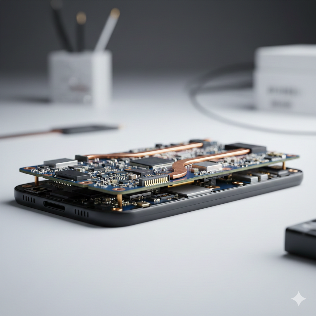 A clean, professional macro photograph of a modern smartphone's internal motherboard, showcasing a sophisticated dual-layer 'sandwich board' design with intricate circuitry and copper heat pipes in a minimalist tech setting.
