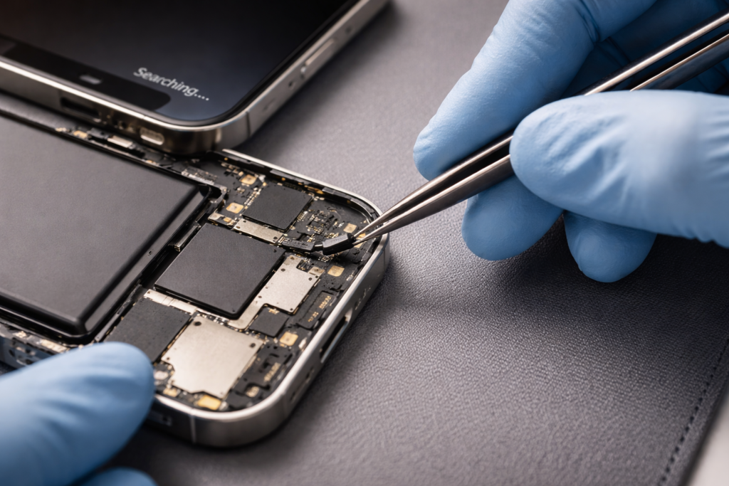 Close-up photograph of a technician using tweezers to reattach a tiny internal antenna cable inside a disassembled smartphone, illustrating a fix for the 'Searching' or 'No Service' error after a repair.