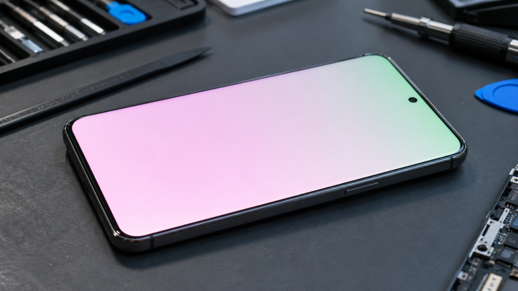 Modern OLED smartphone screen displaying a soft pink tint and faint green color distortion on a plain white background, photographed on a repair shop workbench.